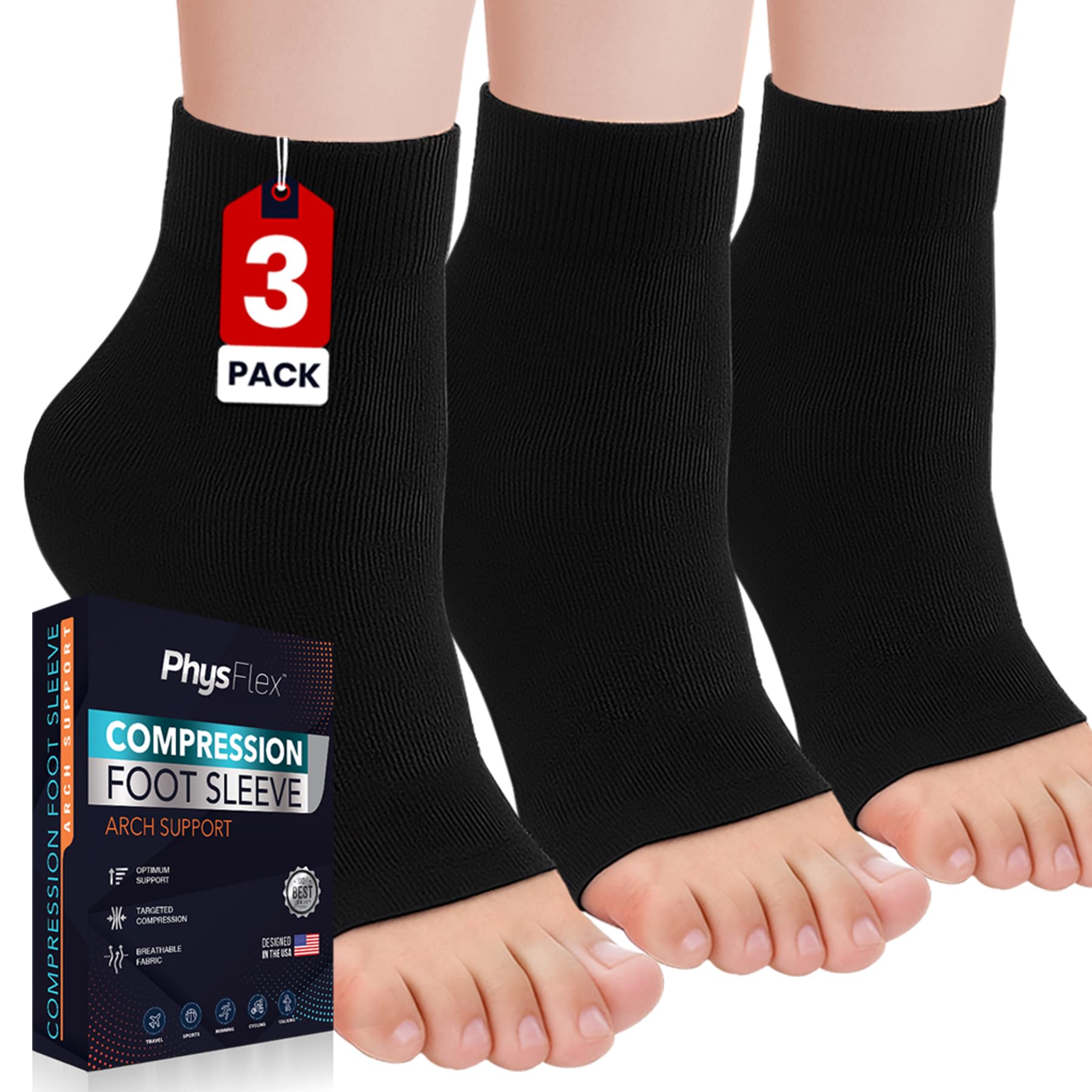 PhysFlex Compression Socks for Plantar Fasciitis, Achilles Tendonitis Relief - (3 Pairs) Ankle Compression Sleeve for Heel Spurs, Foot Swelling & Fatigue - Arch Support Brace for Everyday Use