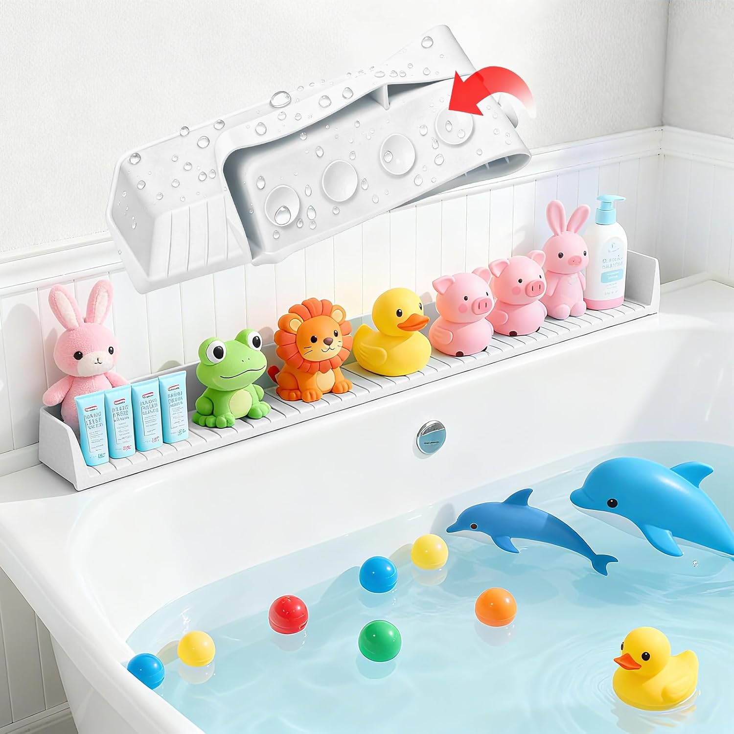 Splash Guard for Bathtub with 11 Suction Cups, 31in Silicone Bath Tub Play Shelf, Bathroom Toy Holder, Bath Toys Storage, Bath Tray, Bathroom Accessories(Grey)