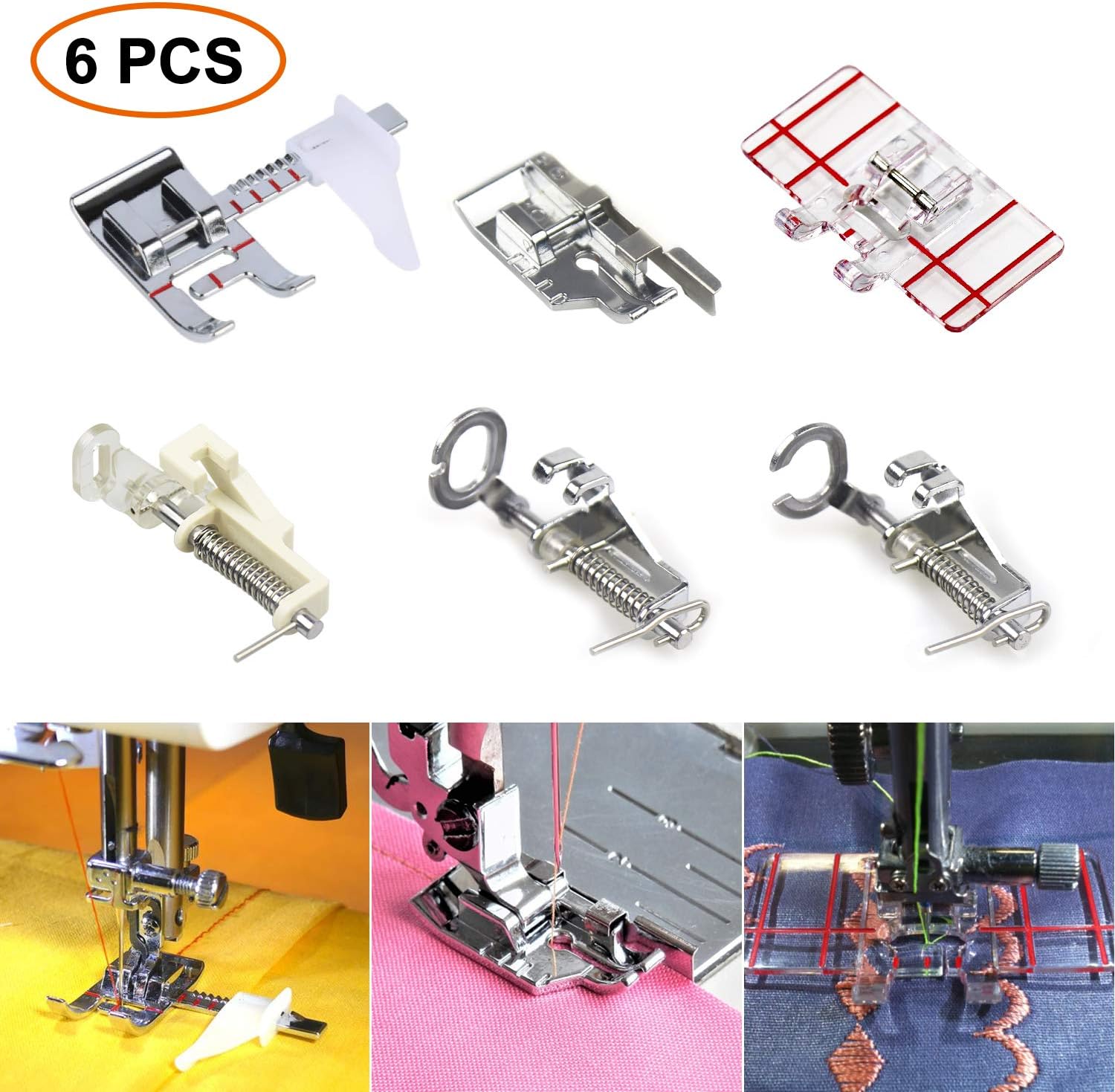 6 PCS Presser Feet Set with Manual SIMPZIA Sewing Machine Foot Include Adjustable Guide/1/4 Quilting/Border Guide/Embroidery Presser Foot Kit Compatible with Singer, Brother etc (Low Shank)