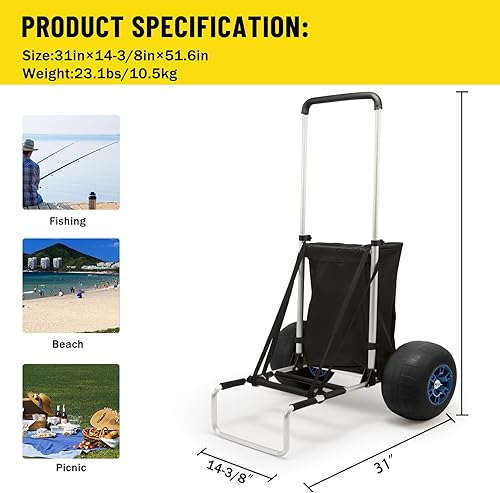 Miniatura 6 de Carros de playa, ruedas grandes de 13 pulgadas, neumáticos de espuma sintética sólida para arena, carrito de arena plegable de carga de 165 libras y