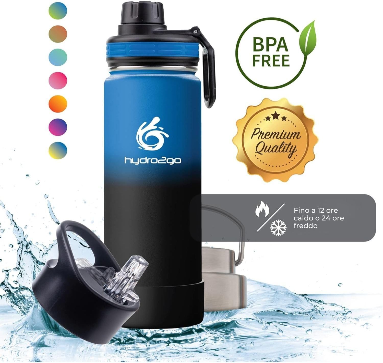 Hydro2Go Borraccia con Cannuccia Acciaio Inox – Termica, Senza BPA per Bambini, Scuola & Sport – 12h Calde / 24h Fredde – 3 Tappi, 530ml (Space)