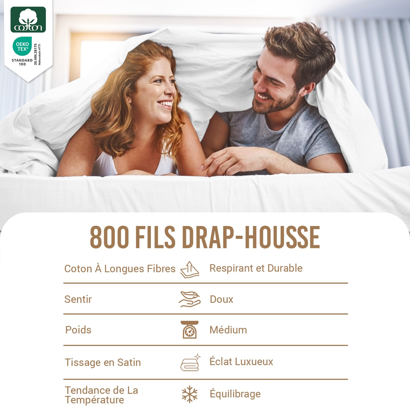 Pizuna Coton Luxueux Drap Housse 180x200 cm Blanc, 800 Fils | 100% Coton Longue Tige 800 Fils Armure Satin Drap Housse de Luxe Bonnet 40 cm (Blanc)