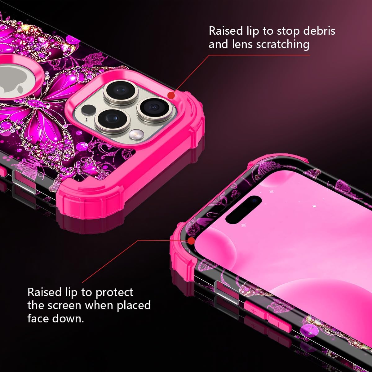 Casetego for iPhone 15 Pro Max Case,Glow in The Dark Three Layer Heavy Duty Sturdy Shockproof Full Protection Rugged Hard PC+Soft TPU Bumper Case for Apple iPhone 15 Pro Max 6.7 inch,All Hot Pink - Image 5