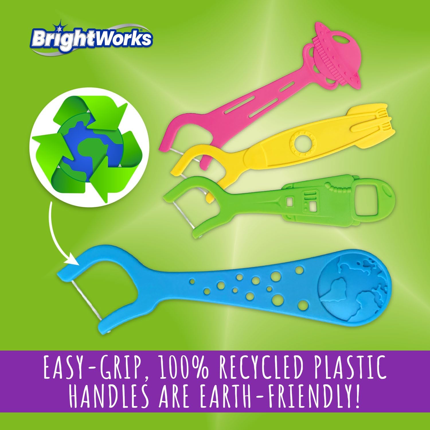 BrightWorks Kids Fun Space Flossers, Mixed Berry Flavor Fluoride [240 Floss Picks Total] Colorful Space Shapes: Astronaut, Rocketship, UFO, Earth. 100% Recycled Plastic Material. 80 Count (Pack of 3)