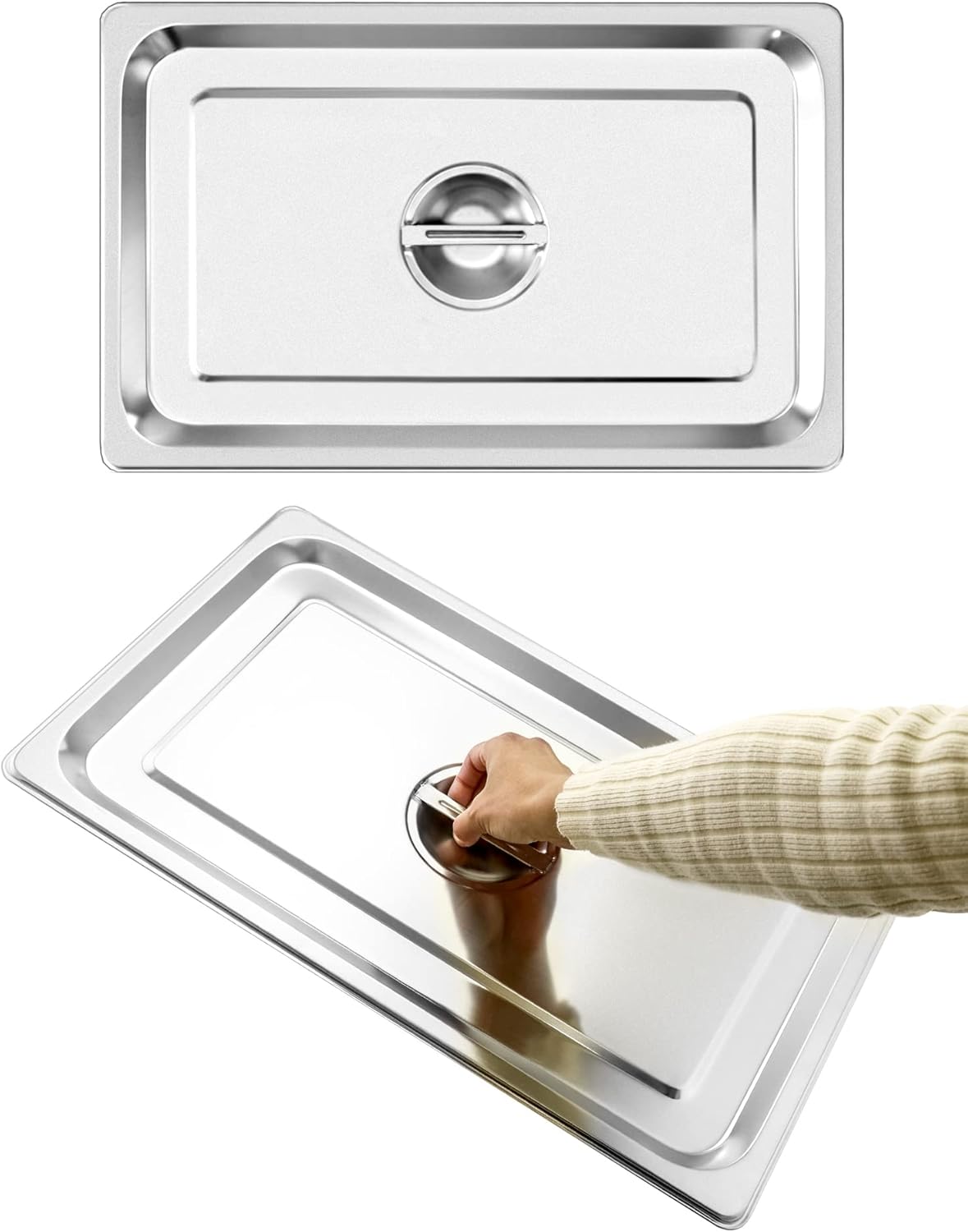 QWORK Full Size Stainless Steel Steam Table Pan Cover with Handle - Set of 2, Durable Lid for Steam Pans - Image 3