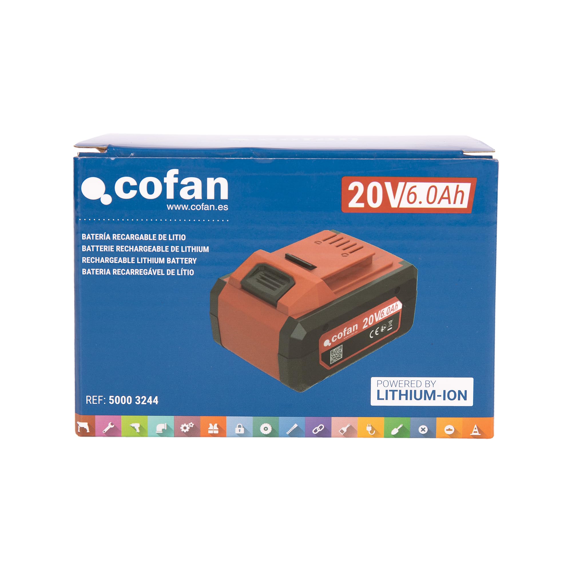 Cofan Batería Recargable Li-Ion 20 V 6.0 Ah | Compatible con Sistema 1 for All Cofan | Indicador led de Carga | Protección contra sobrecargas y Cortocircuitos