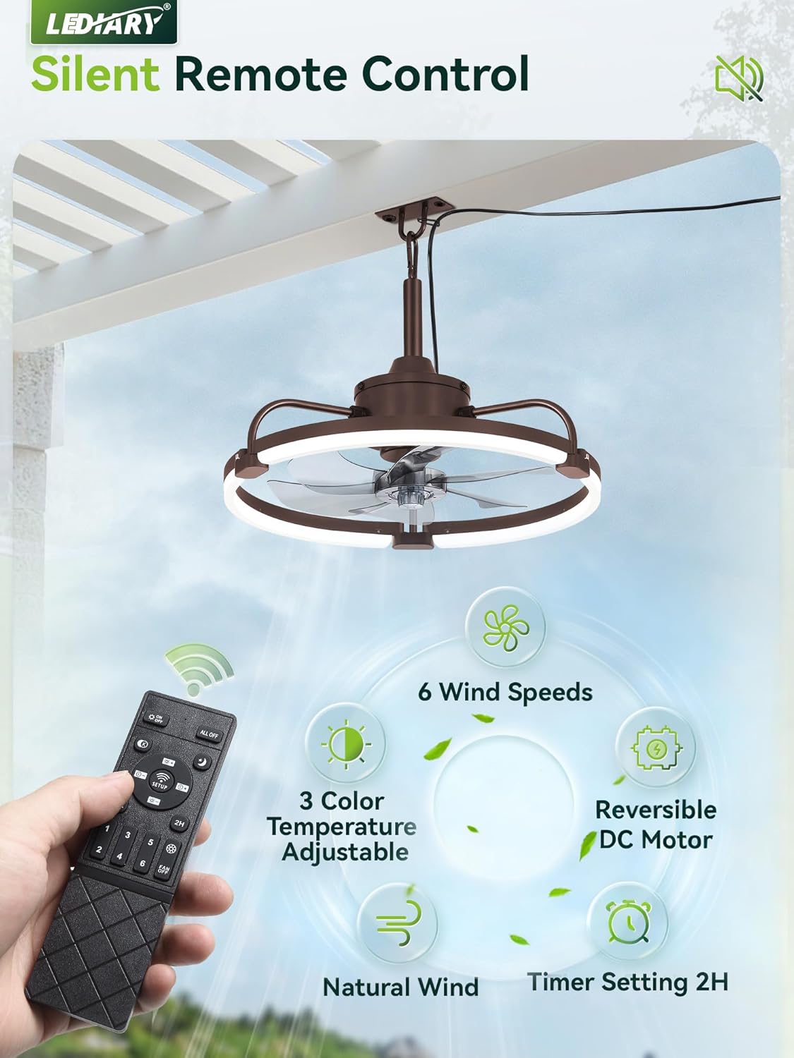 LEDIARY 20" Outdoor Ceiling Fans with Light for Patios, IP65 Waterproof Gazebo Fan, Plug-in Hanging Fan Remote&APP Control, 3CCT Dimmable, 6-Speeds, Caged Ceiling Fan for Gazebo,Patio,Porch