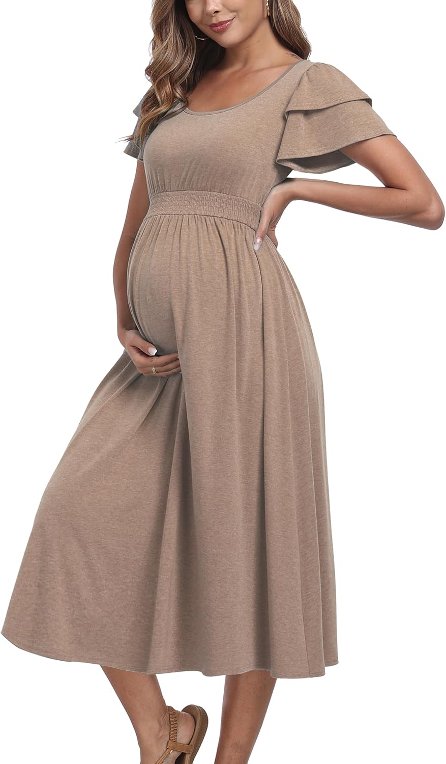 Ruffle Short Sleeve Maternity Dress High Waisted Midi Spring Baby Shower Dresses - Image 2