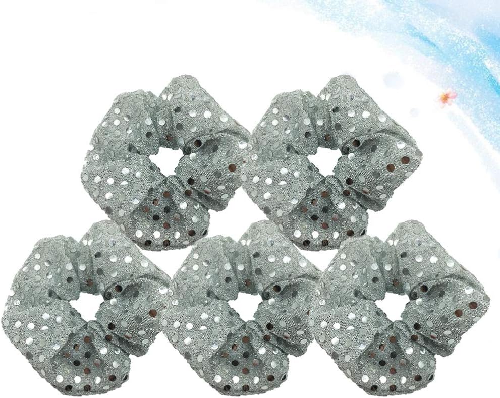 minkissy 5pcs Silver Sequins Scrunchies Sparkly Elastic Hair Ties Ponytail Holders Sequins Hair Ties Ropes Hair Accessories for Women Teen Girls (Silver) - Image 4