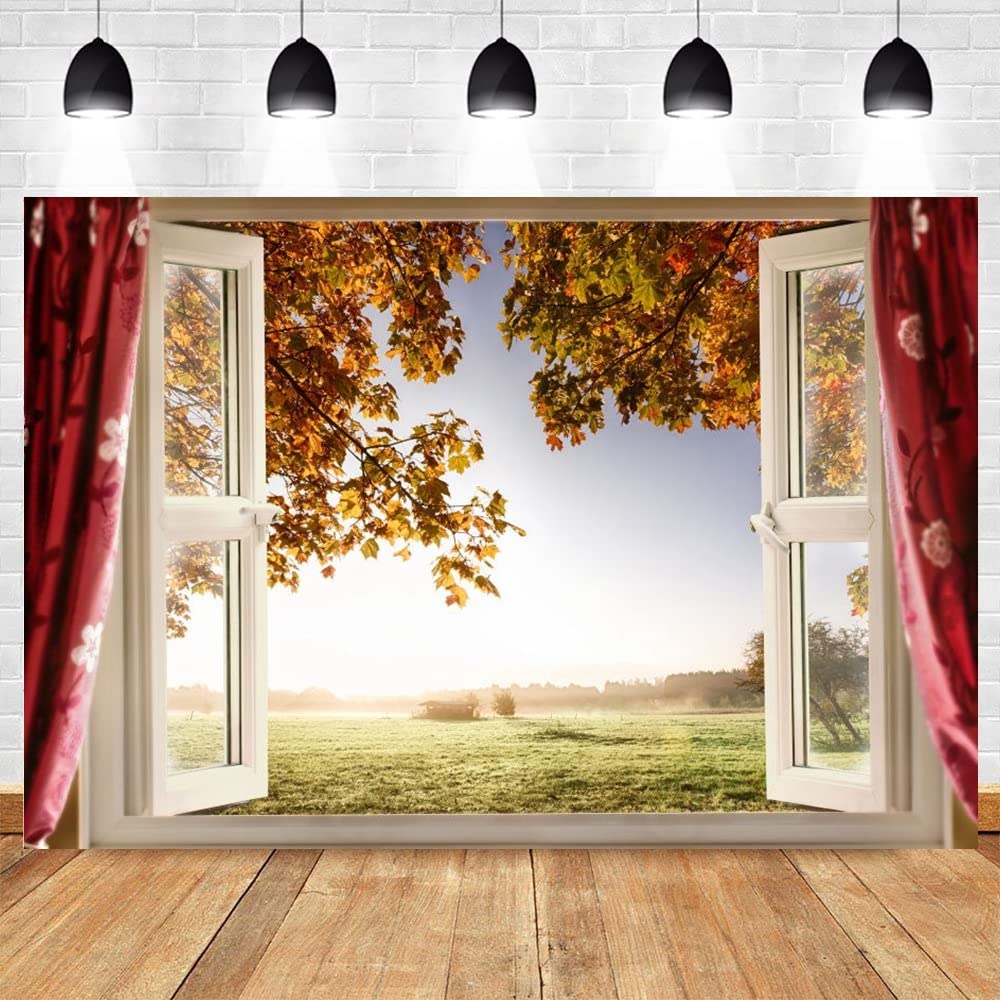 Yeele Fotohintergrund Außenfenster – 2,1x1,5 M, Blätter-Landschaft, Polyester