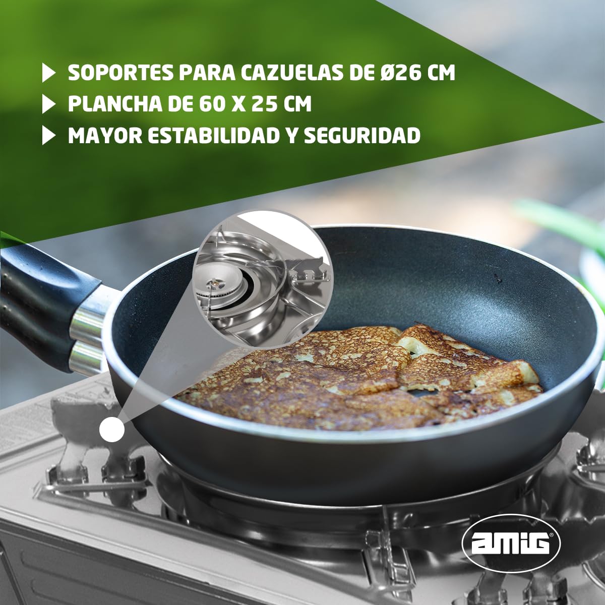 Amig - Camping Gas portátil 2 fuegos CAMP02 - Cocina doble - 2x Quemadores - Incluye Plancha - Parrilla De Fundición - Acero Inoxidable - 2,2 Kw Potencia x 2 - Compatible Cartuchos B-250