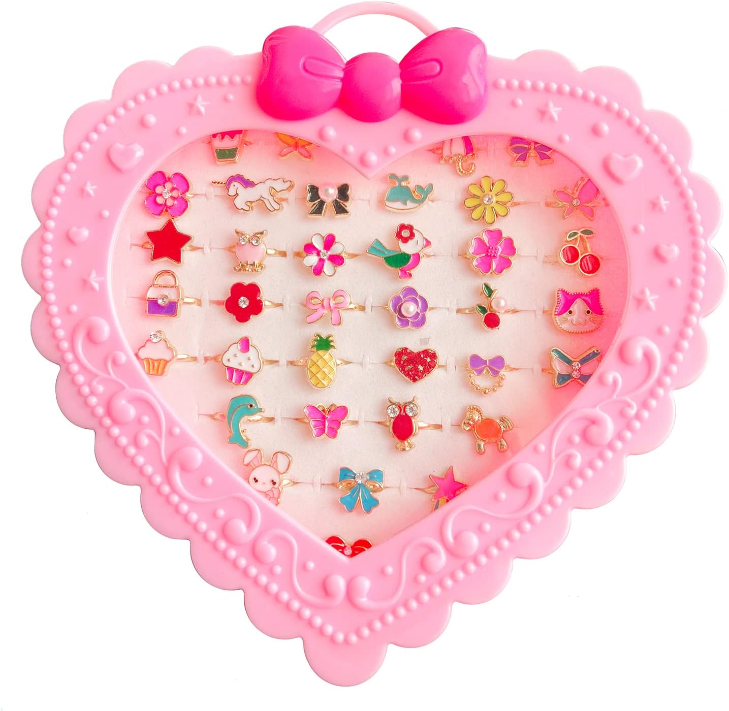 Elesa Miracle 36pcs Children Kids Little Girl Adjustable Jewelry Rings in Box, Girl Pretend Play and Dress Up Rings with Heart Shape Display Case