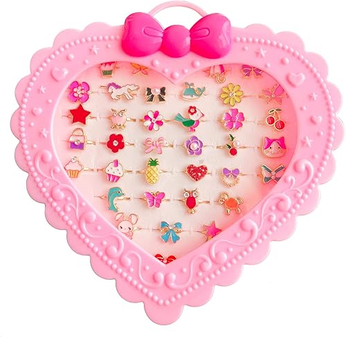 Elesa Miracle 36 anillos de joyería ajustables para niños y niñas pequeñas en caja, anillos de juego de simulación y disfraces con vitrina en forma