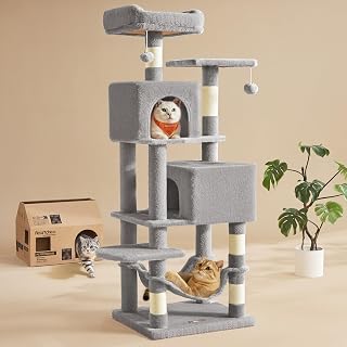 Feandrea 59.5" Cat Tree Tower: Plush Multi-Level Condo, 5 Scratching Posts, 2 Perches, 2 Caves, Hammock, Pompoms - Light Gray