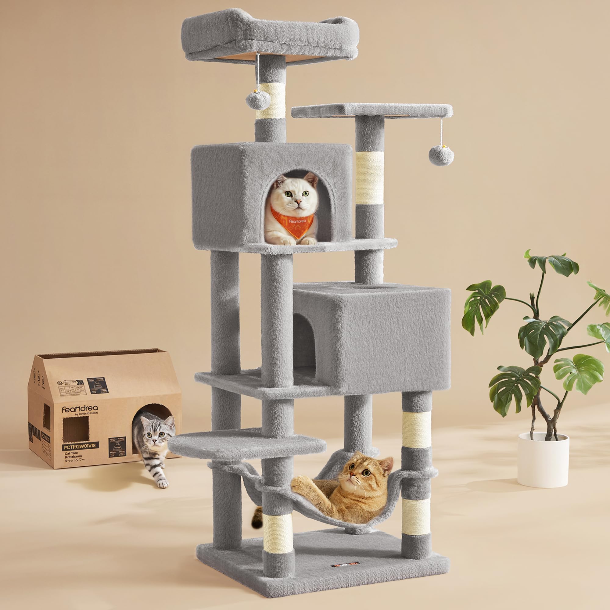 Feandrea Cat Tree, 61-Inch Cat Tower for Indoor Cats, Plush Multi-Level Cat Condo with 5 Scratching Posts, 2 Perches, 2 Caves, Hammock, 2 Pompoms, Light Gray UPCT192W01