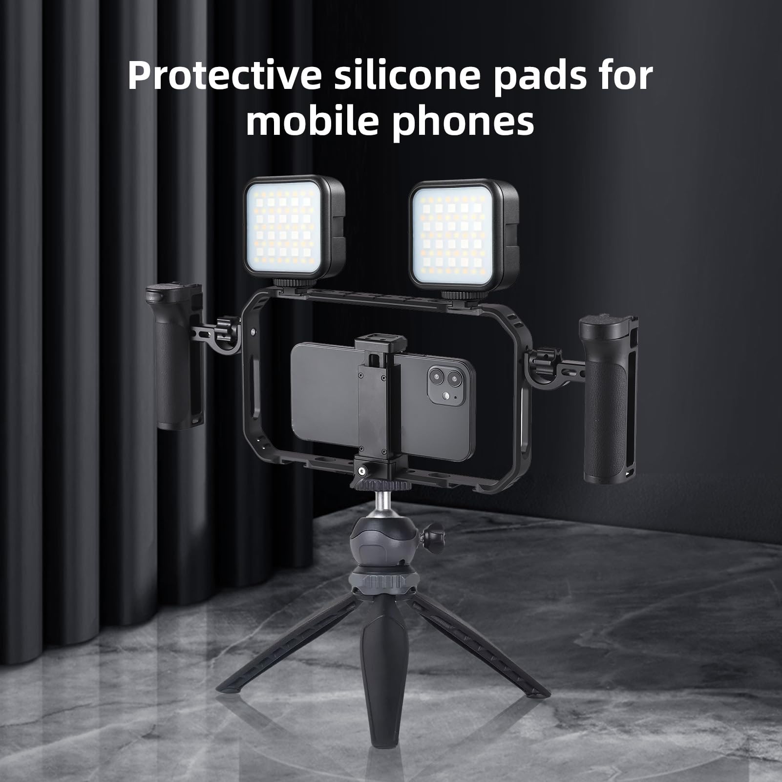 Andoer Kit portatile per telefono video Rig, stabilizzatore per smartphone per registrazione video, gabbia universale per telefono con maniglie laterali, supporto Cold Shoe, scatto remoto per Phone