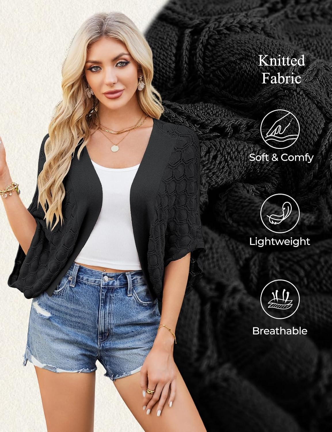 GRACE KARIN Summer Cropped Cardigan for Women 2026 Batwing Sleeve Crochet Bolero Shrug Sweaters Lightweight Beach Boho Kimono