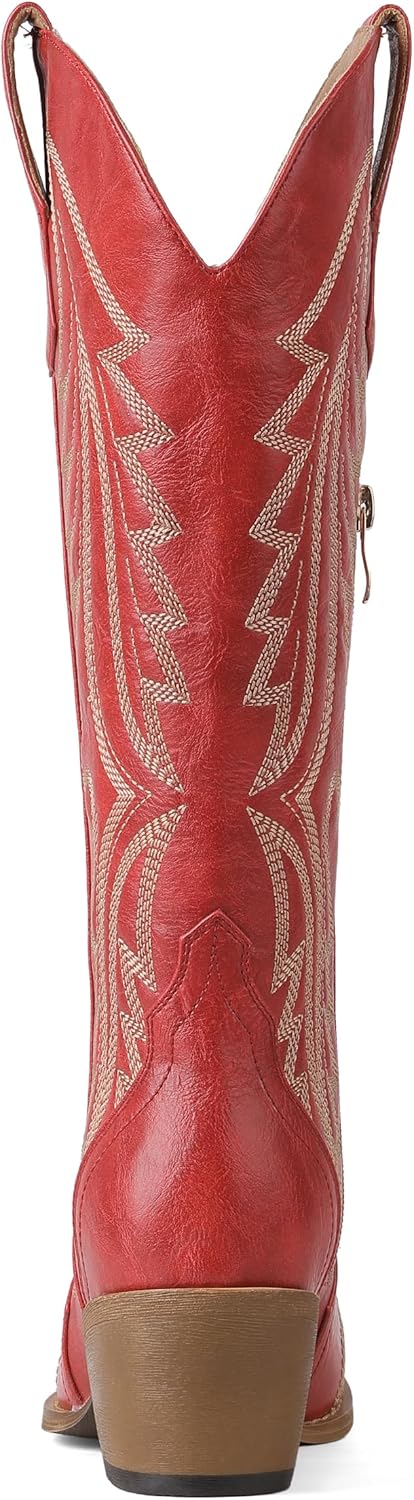 Mid Calf Cowboy Boots for Women Leather Chunky Heel Western Cowgirl Boots Side Zipper Snip Toe Fashion Vintage Style