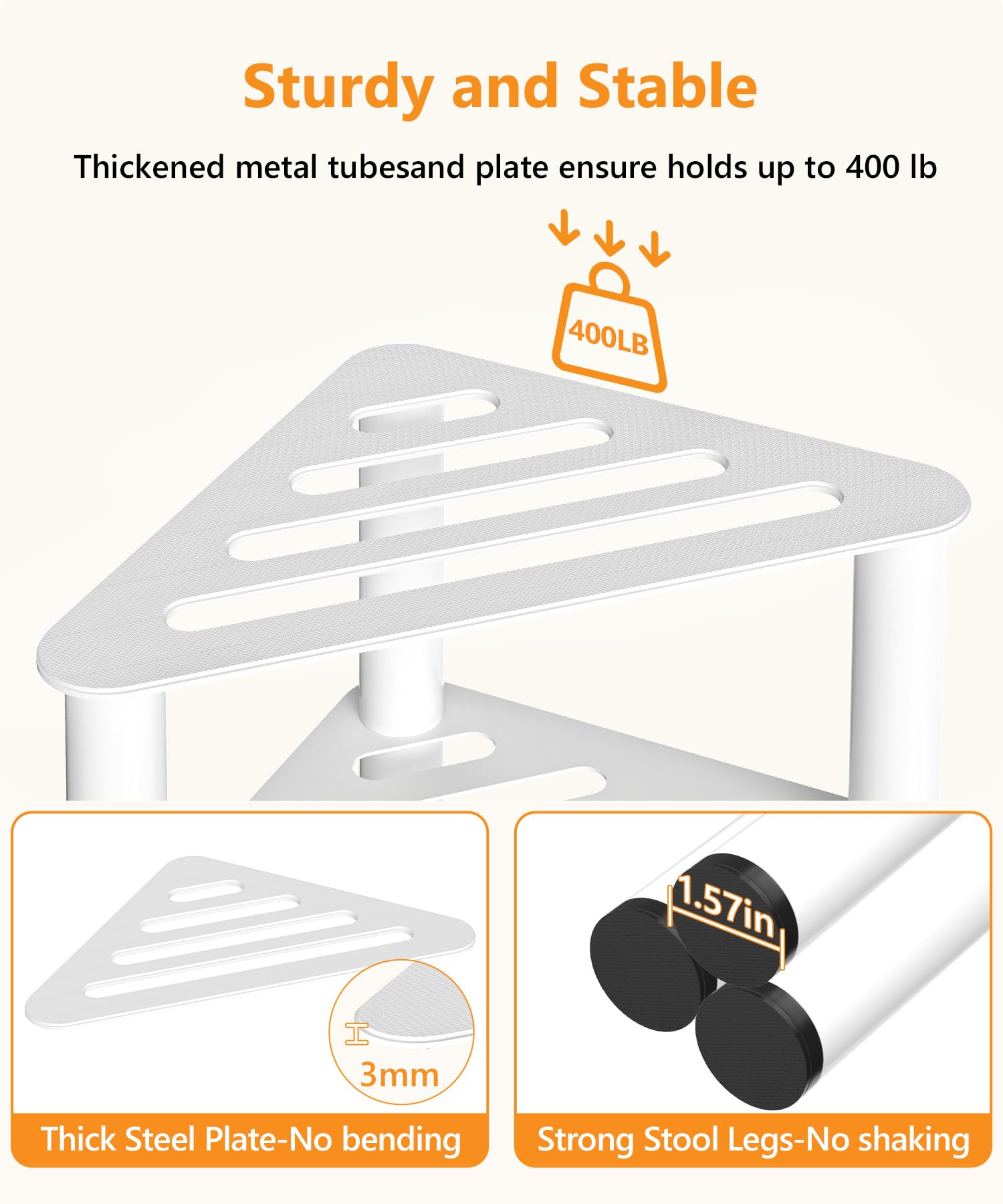 Taburete esquinero de ducha para afeitarse las piernas, 2 niveles, resistente al óxido con almacenamiento | Banco de pie de ducha antideslizante e impermeable, color blanco, de metal, pequeño escalón de spa para ducha interior