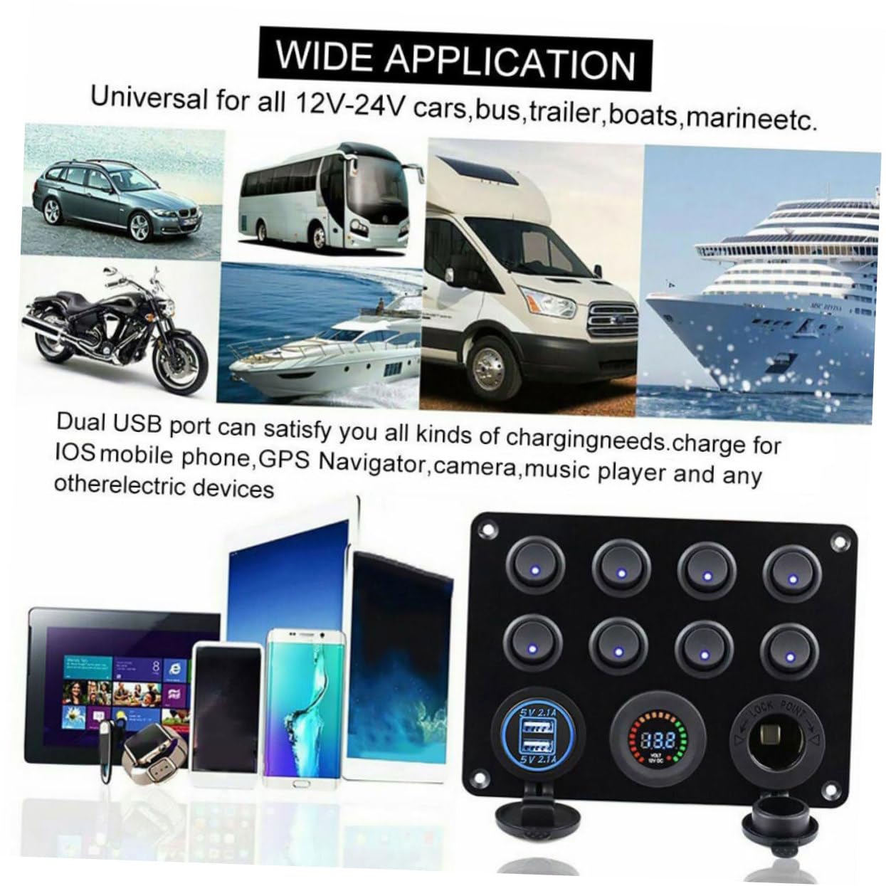 Garneck 1Set Gang Rocker Switch Panel with Dual USB Charger and Digital Voltmeter for Vehicles Rvs Boats Monitor Voltage and Charge Devices Safely with LED Indicator