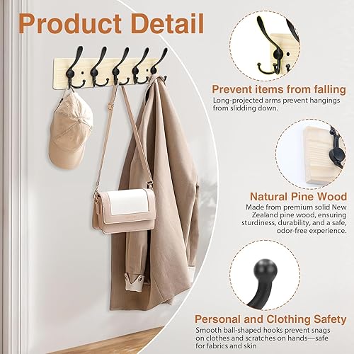 Miniatura 4 de Perchero de madera resistente para pared, paquete de 2 perchas de pared con 5 ganchos triples para ropa, chaqueta, sombrero, llaves, organizador de