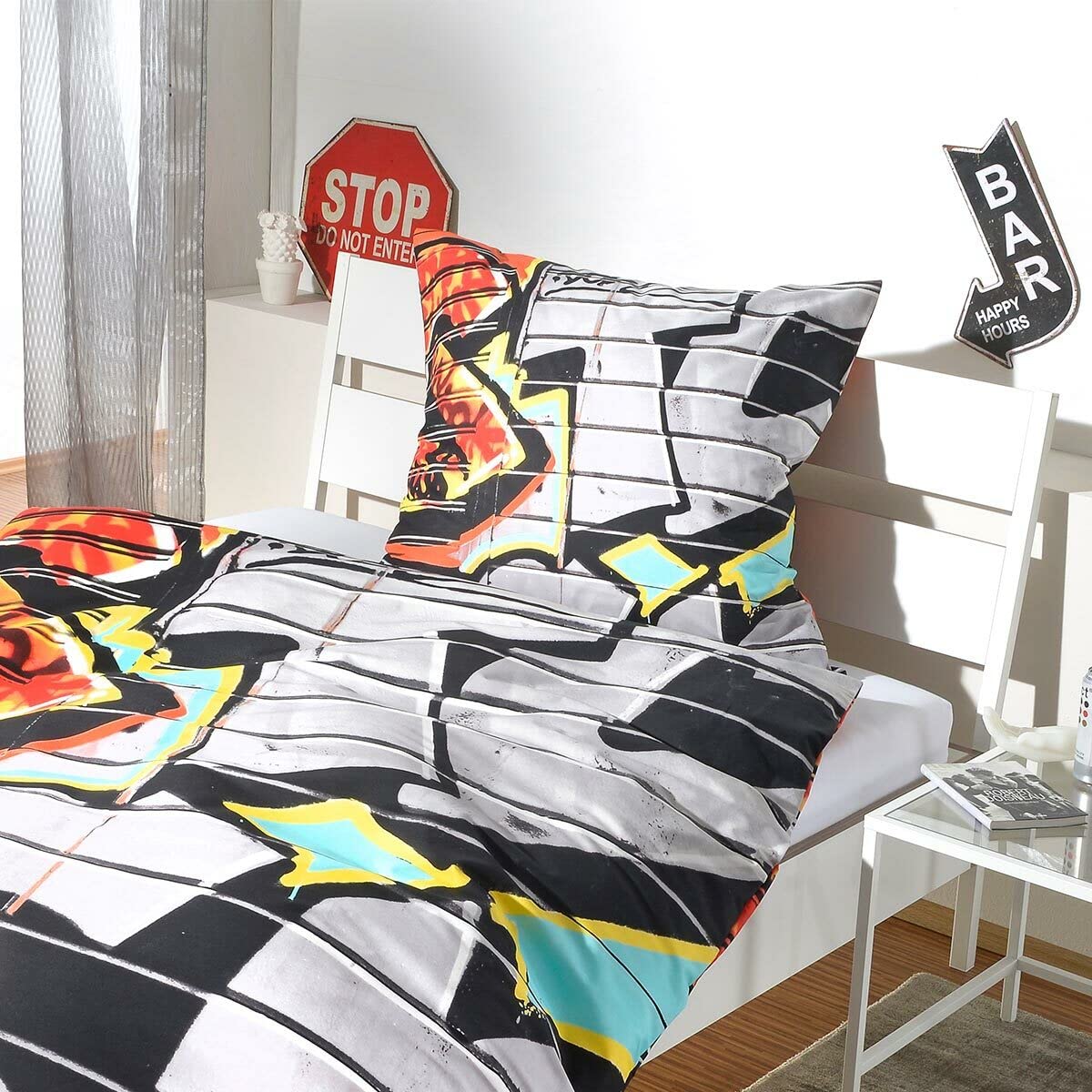 G BETTWARENSHOP Renforcé Bettwäsche Set Graffiti • mega Coole Bunte Jugendzimmer Bettwäsche NYC Street Art Design in 100% Baumwolle mit Reißverschluss • 155x220 cm + 80x80 cm