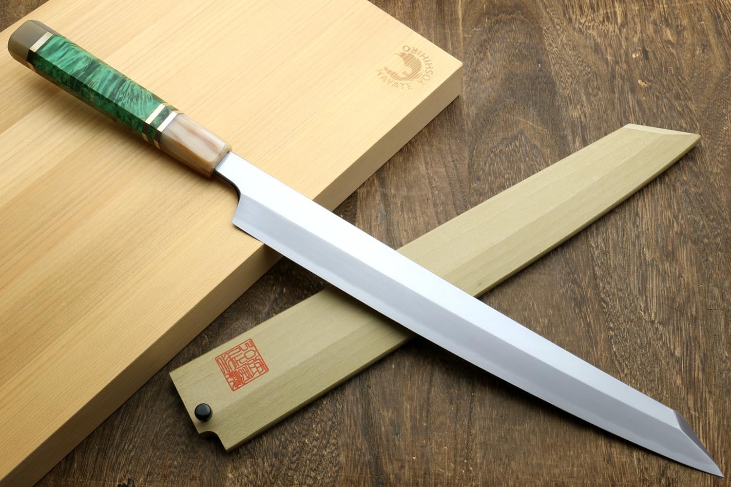 Yoshihiro Gintsuru Ginsan Stainless Steel Yanagi Kiritsuke Sushi Sashimi Japanese Knife with Stabilized Maple Burl Handle (11.8" (300mm) & Saya)