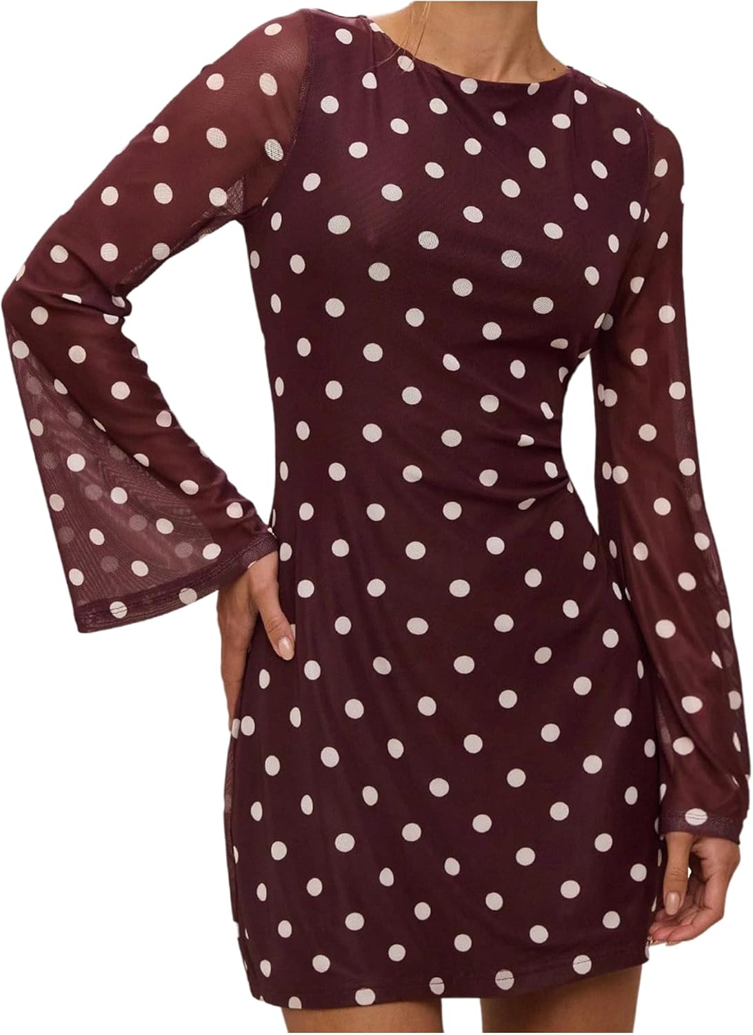 Milumia Women's Polka Dots Long Bell Sleeve Mesh Mini Dress Tie Backless A Line Short Dress Party Going Out