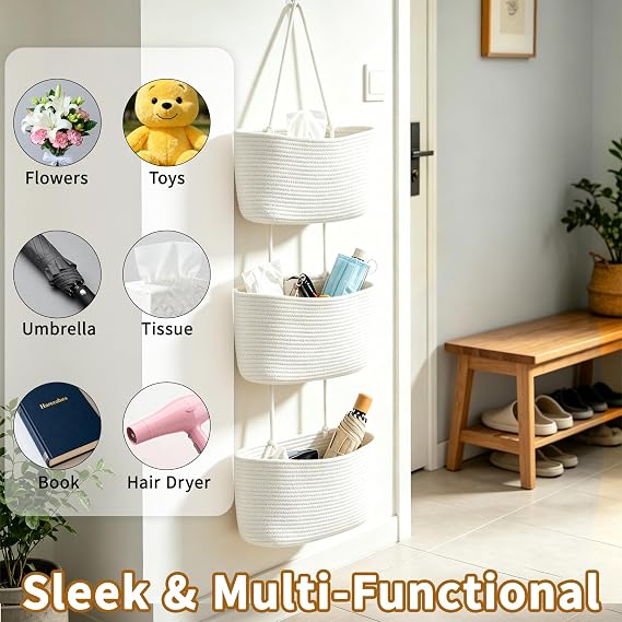 Wall Hanging Cotton Baskets, 3-Tier Woven Cotton Wall Basket,Woven Rope Over The Door Storage Wall Mount Hanging Cotton Baskets for Bedroom, Bathroom & Livingroom (White)