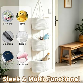 Wall Hanging Cotton Baskets, 3-Tier Woven Cotton Wall Basket,Woven Rope Over The Door Storage Wall Mount Hanging Cotton Baskets for Bedroom, Bathroom & Livingroom (White)