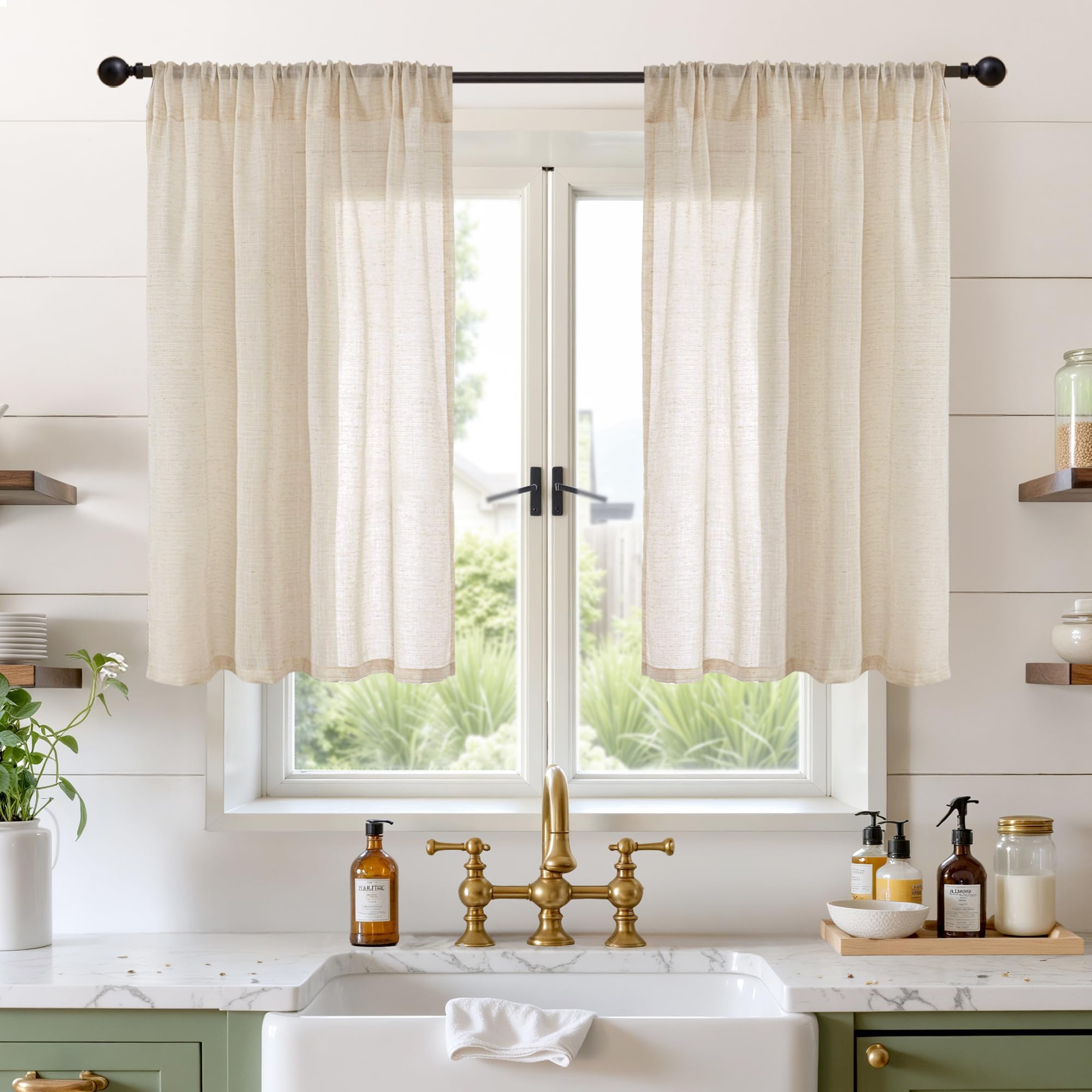 BGment 40 Inch Length Burlap Tan Linen Curtains for Kitchen Window