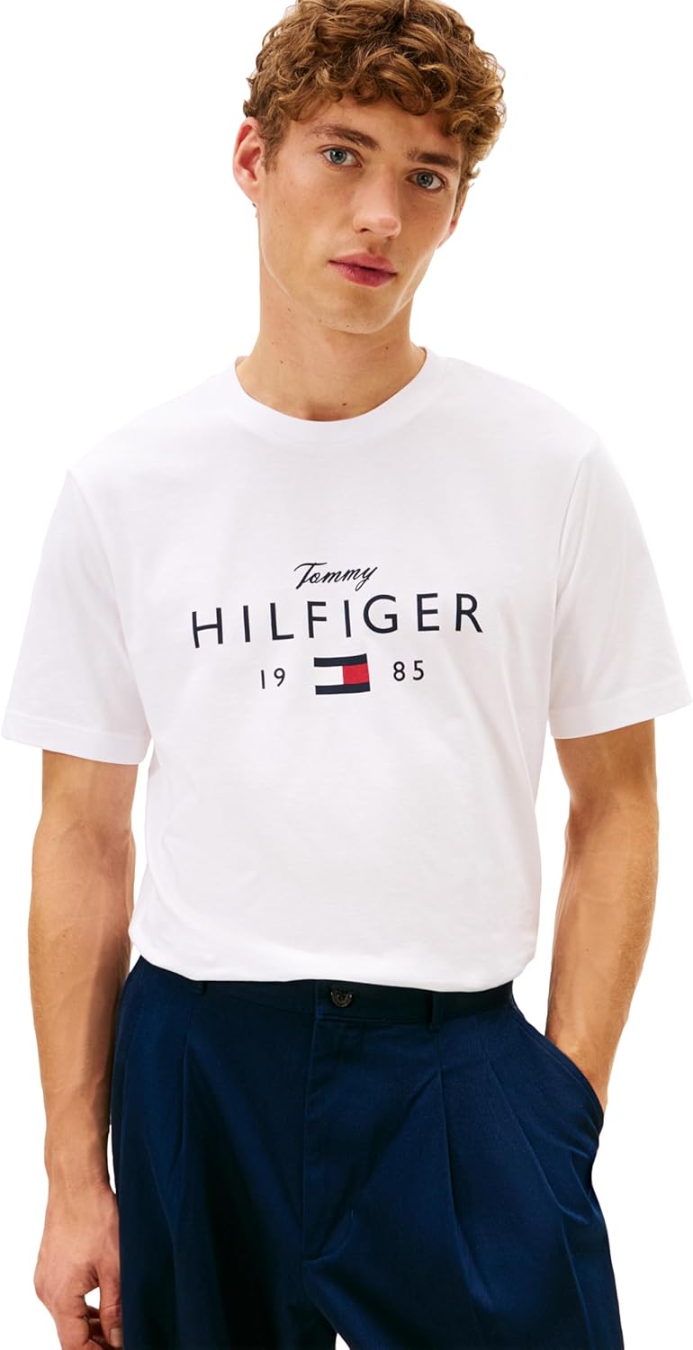 Tommy Hilfiger Men's Short Sleeve Cotton Graphic T-Shirts with Printed Script and Flag Logo