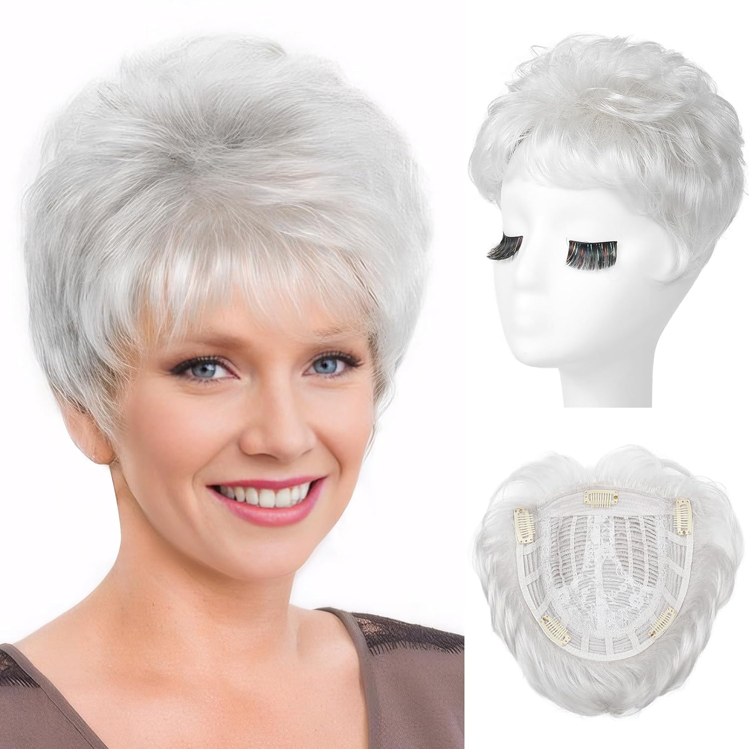 REECHO Hair Topper, Short Wiglet Hair Topper for Women with Thinning Large Coverage Synthetic Top Crown Hairpiece for Women – Silver White REECHO Hair Topper, Short Wiglet Hair Topper for Women with Thinning Large Coverage Synthetic Top Crown Hairpiece for Women – Silver White
