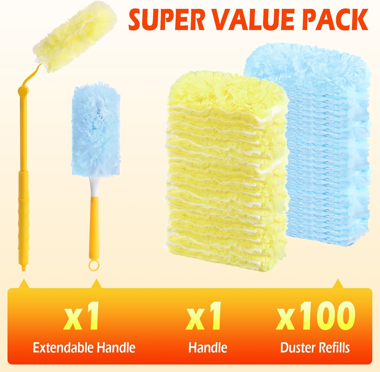 100 Count Heavy Duty Duster Refills with 3 ft Extendable Handle + 1 Handle, Multisurface 360° Larger Size with 4X Microfibers Feather Dusters, Unscented Disposable Dusters for Cleaning
