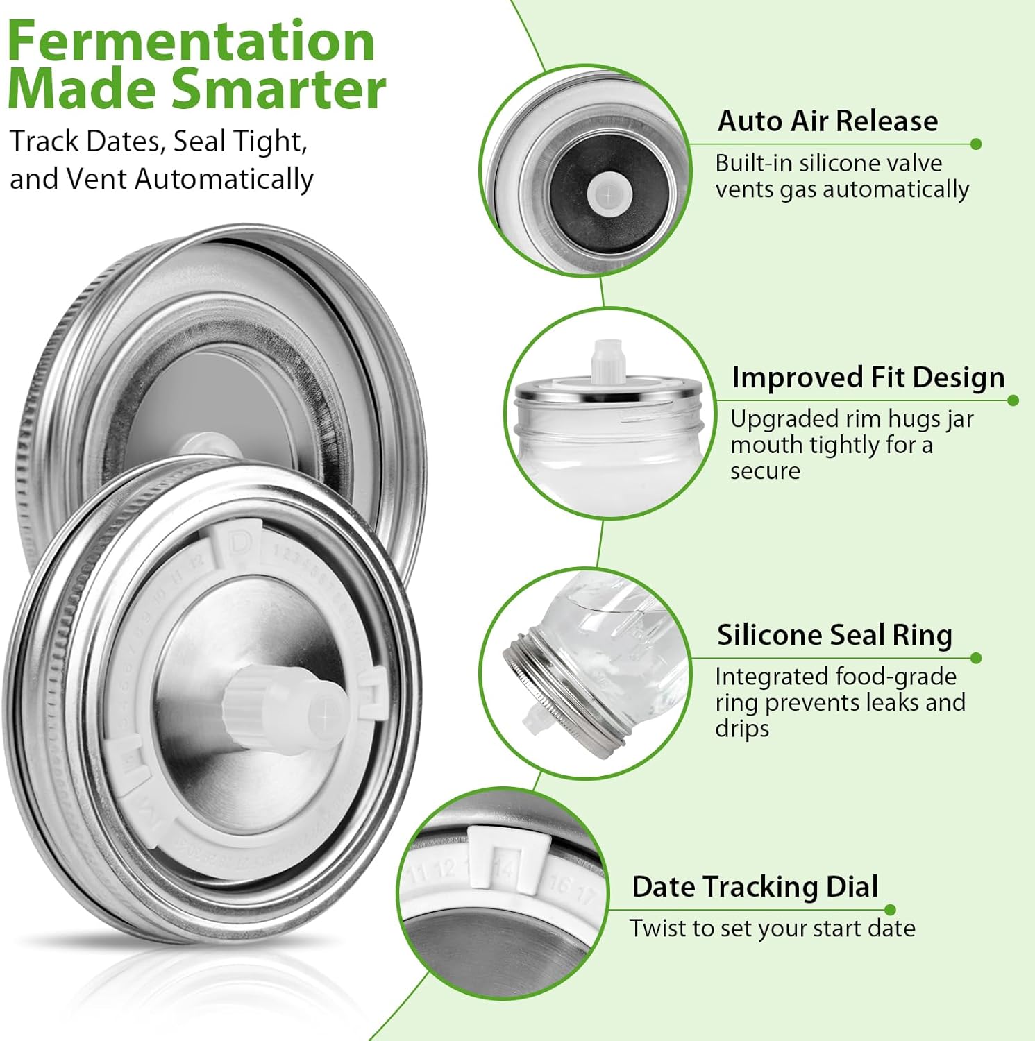 Fermentation Lids for Wide Mouth Mason Jars, 4 Stainless Steel Lids with Date Tracking, Starter Fermentation Kit for Beginners, Compatible with Any Fermenting Jar for Home Use - Image 3