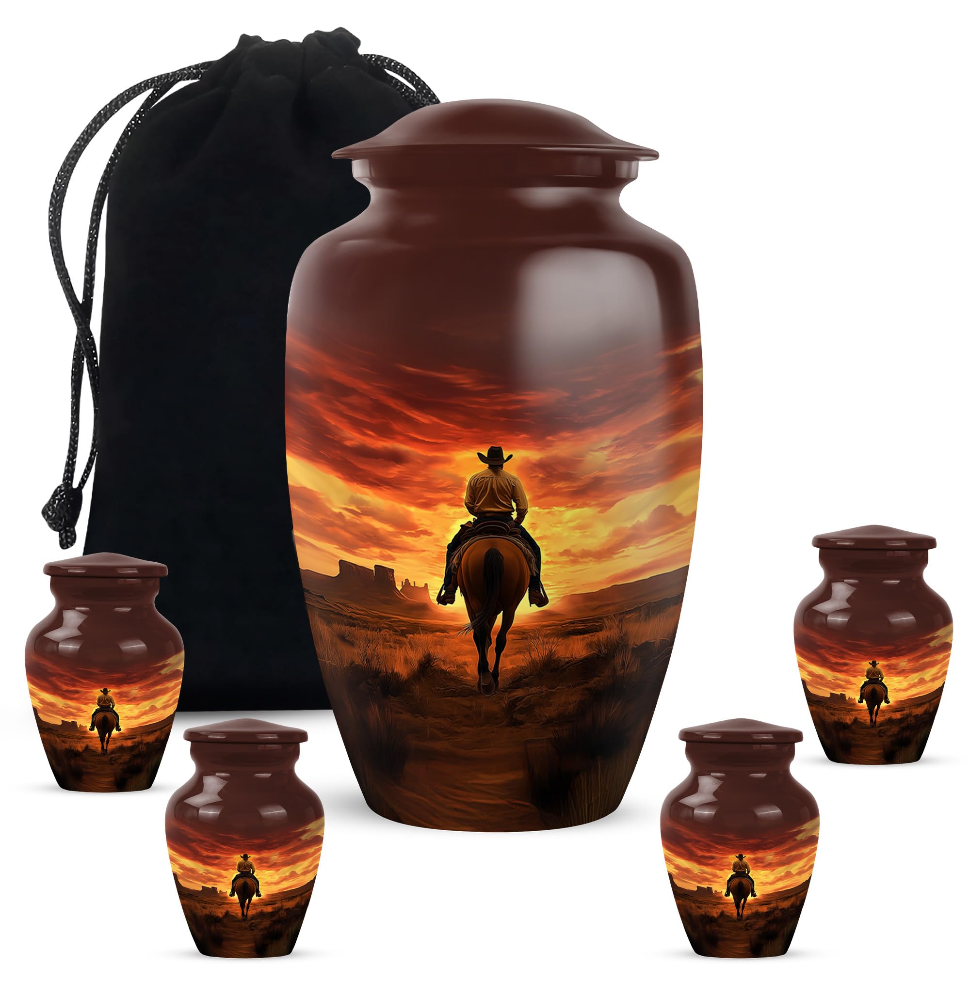 Cowboy Urn - Large &amp; Small Urns for Human Ashes Adult Male - Urn for Ashes for Women - Mini Urns for Human Ashes (Combo - 10" &amp; 3", 5 Pcs)