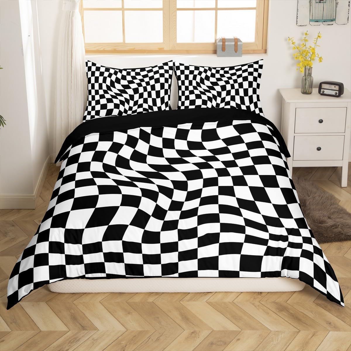 Black White Checkerboard Kids Duvet Cover Set Queen Size,Geometric Plaids Patchwork Abstract Bedding Set,Boys Girls Room Decor,Grids Simple Checkered Modern Quilt Cover,2 Pillowcases(No Comforter)