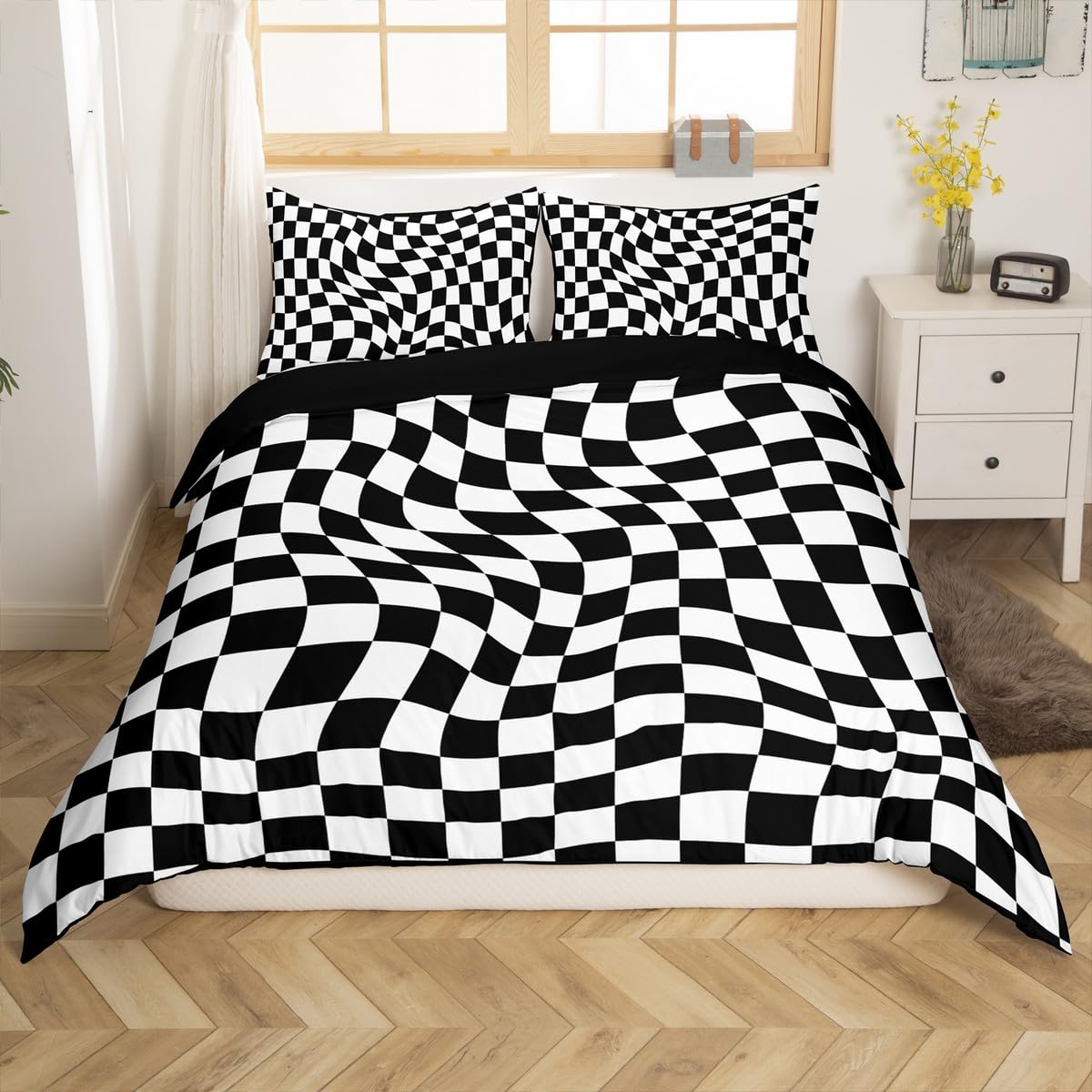 Parure de lit avec housse de couette à carreaux noirs et blancs géométrique