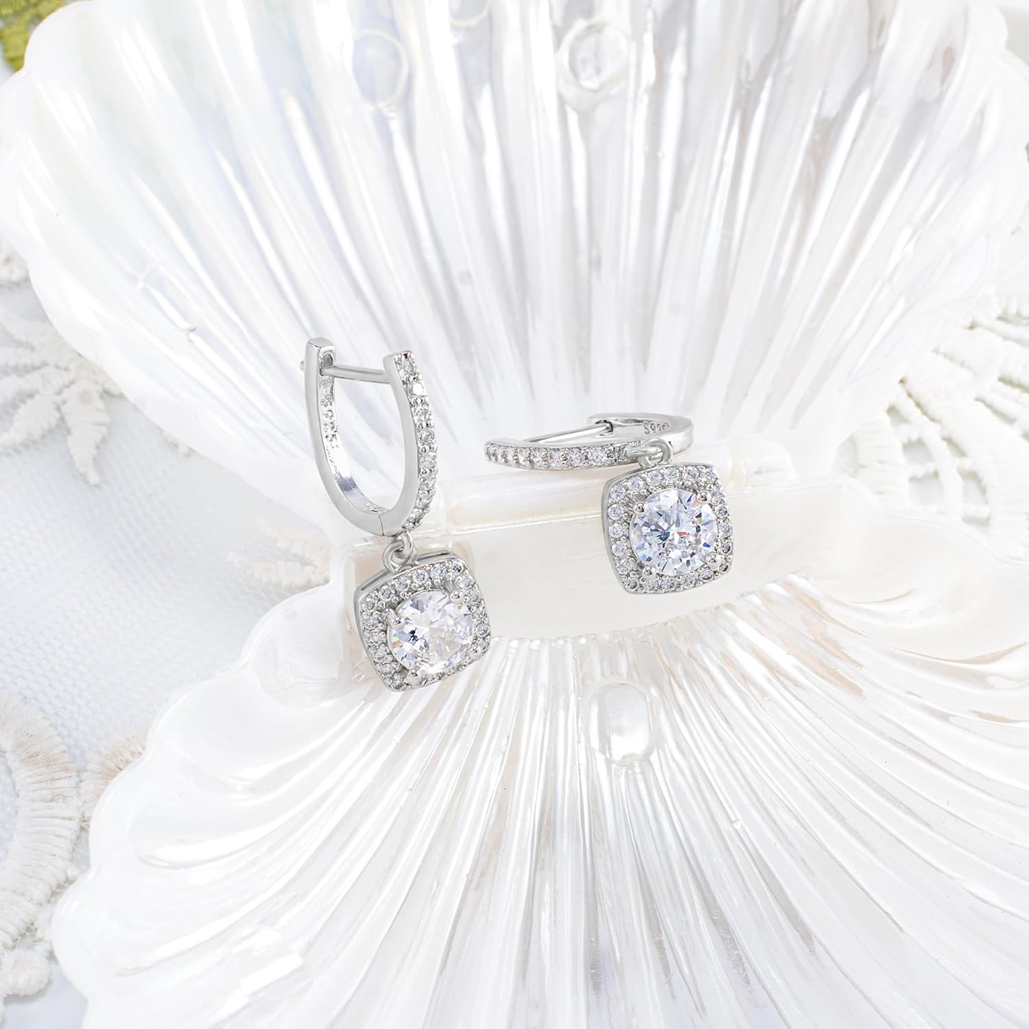 Sterling Silver Square Necklace and Dangle Hoop Earrings for Women CZ Thiny Princess Cut Simulated Square Halo Sparkling CZ Charm Dangling Drop Jewelry for Mother's Day Anniversary Birthday Gift - Image 2