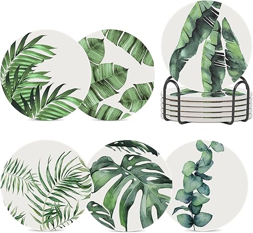 Posavasos para bebidas absorbentes con soporte patrón floral con hojas tropicales juego de 6 posavasos duraderos para mesa de café con protección de