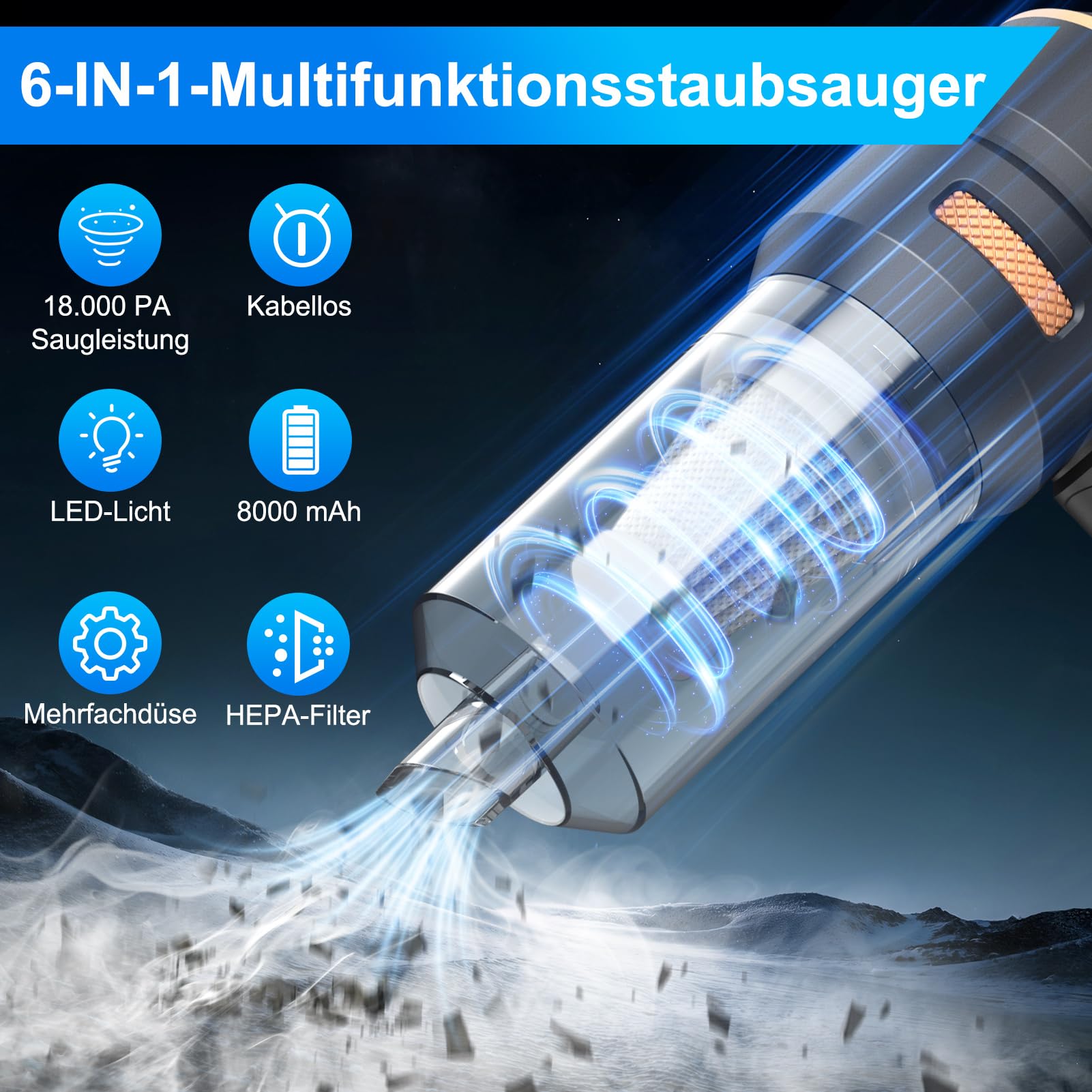 Handstaubsauger Kabellos, Autostaubsauger, 18000Pa Stark & 4 in 1 Akku Staubsauger, 200000 U/min Bürstenloser Motor Mini Staubsauger, 3 Stufen Saugstärke für Auto, Haus, Tierhaare, Ladegerät, Silber