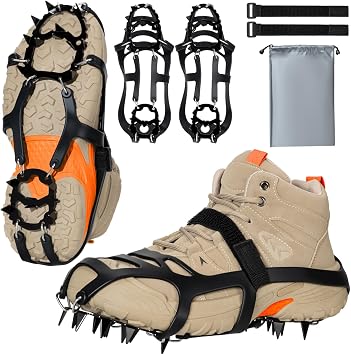 Crampons for Shoes Boots, 18 Spikes Ice Cleats for Women Men, Traction Ice Snow Grip with Alloy Steel Spikes, Heavy Duty Anti-Slip Safe Protect for Walking Hiking Fishing Climbing Shoveling