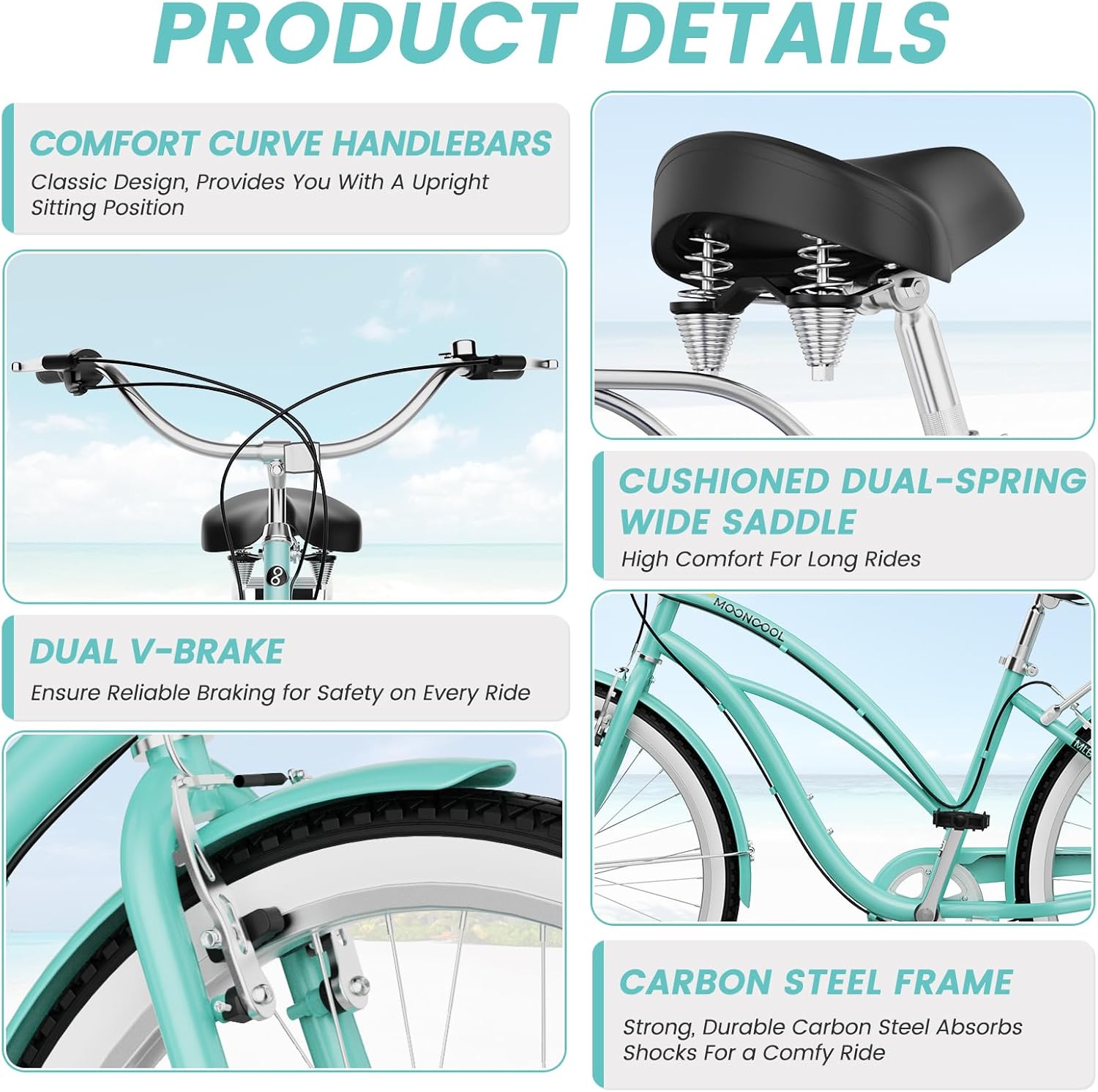 DoCred 24/26 Inch Beach Cruiser Bike, 7 Speed Adult City Bike, Lightweight Adults Bikes for Men & Women, Carbon Steel Frame Commuter Bicycle Cruiser Bicycle, Multiple Colors