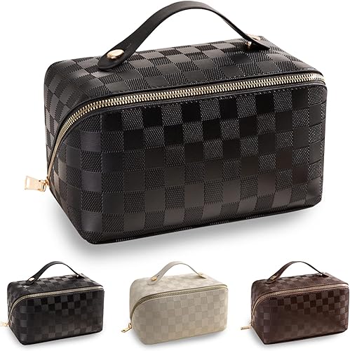 Bolsa de cosméticos de viaje de gran capacidad, bolsa de cosméticos, bolsa de maquillaje portátil impermeable de piel sintética con divisores y asa