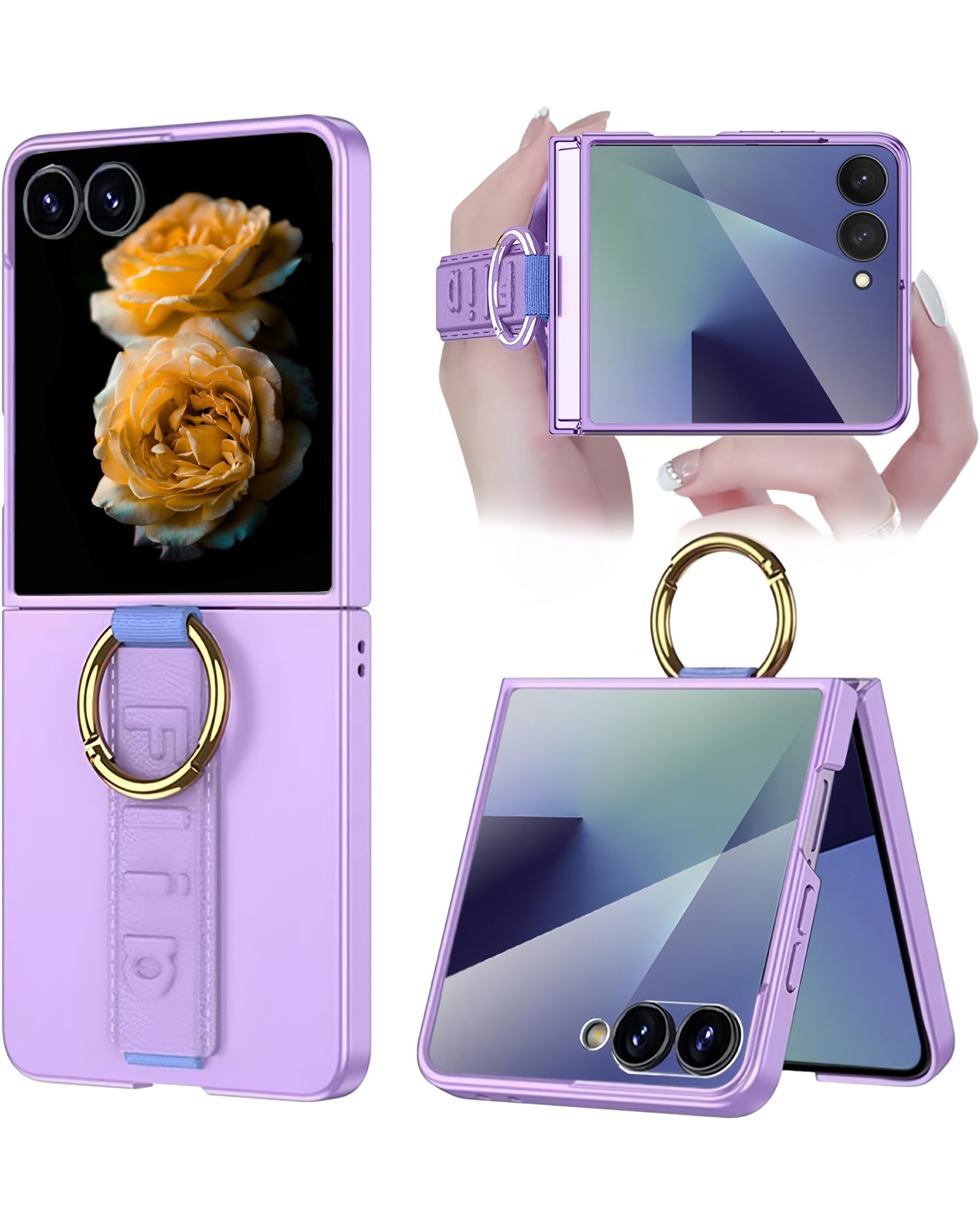 Compatible with Samsung Galaxy Z Flip 7 Custodia con Laccio da Polso, 9H Protettore Schermo Antishock Sottile Custodia Protettiva con Anello per Dito - Viola