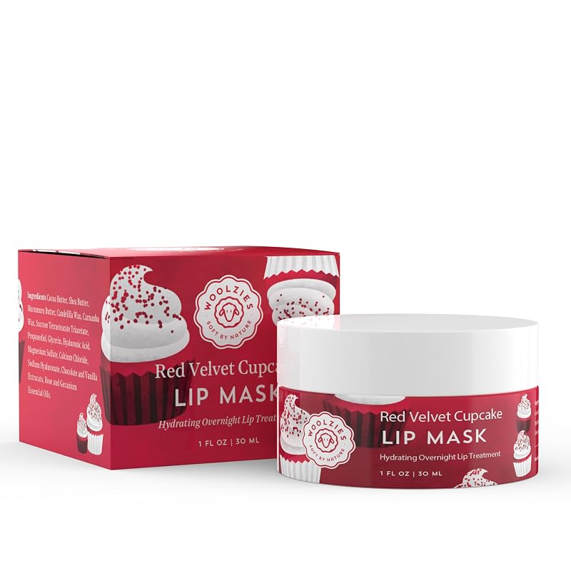 Máscara labial com ácido hialurônico Woolzies Red Velvet Cupcake, manteigas e óleos naturais, 28 g
