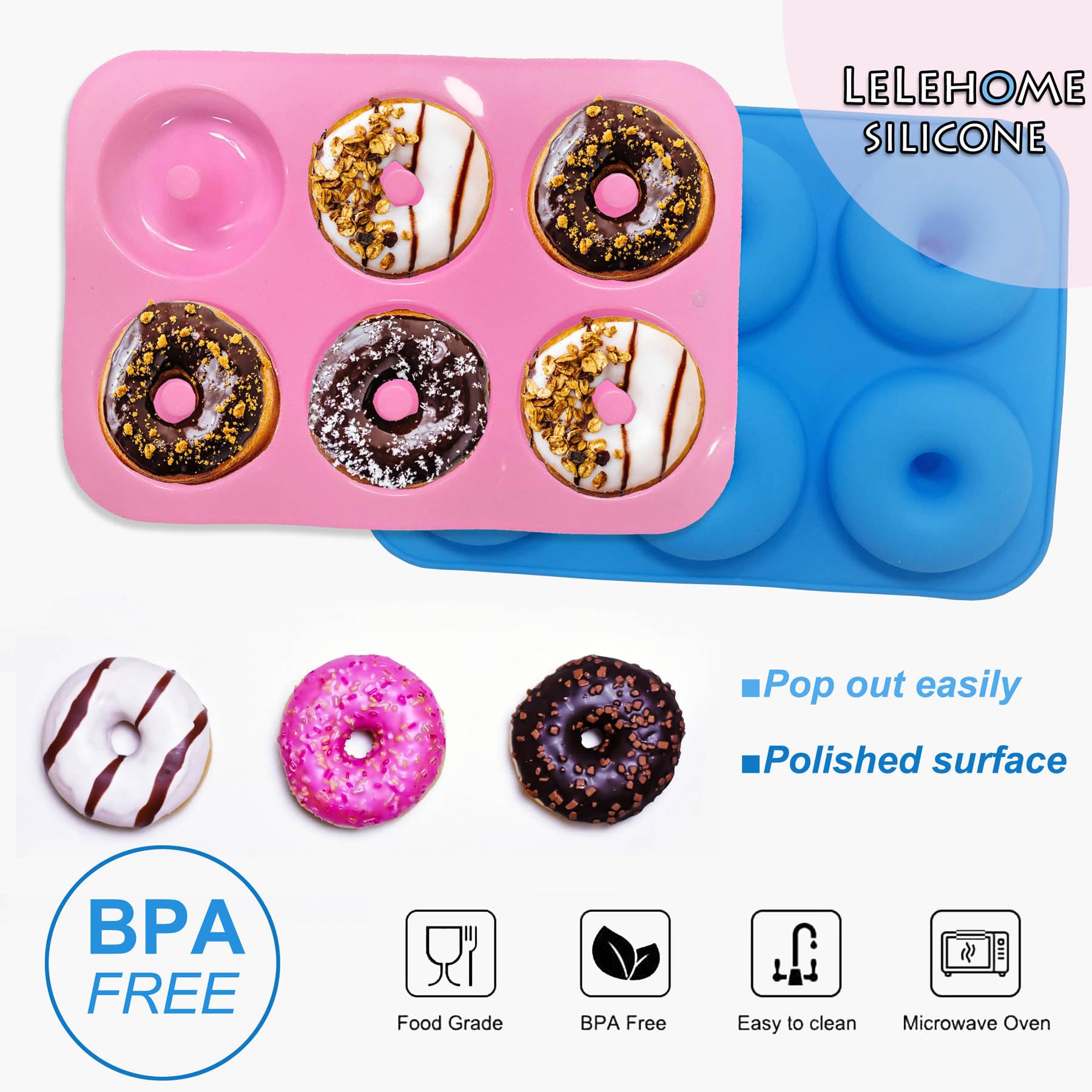 Moldes de silicona antiadherente para donas, 2 moldes para donas, hornear semiciresferas, pasteles, pan, 6 agujeros, utensilios de cocina, rosa y azul 3