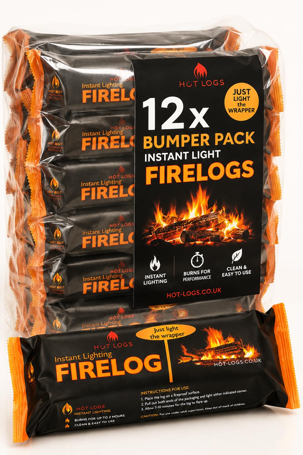 12x Instant Lighting Firelog Pack | Just Light the Wrapper | Natural Fire Starter Logs up to 2hr Burn Time for Wood Burning Stoves, Open Fires, Fire Pits & Chimineas | Easy Fire Lighting Fuel