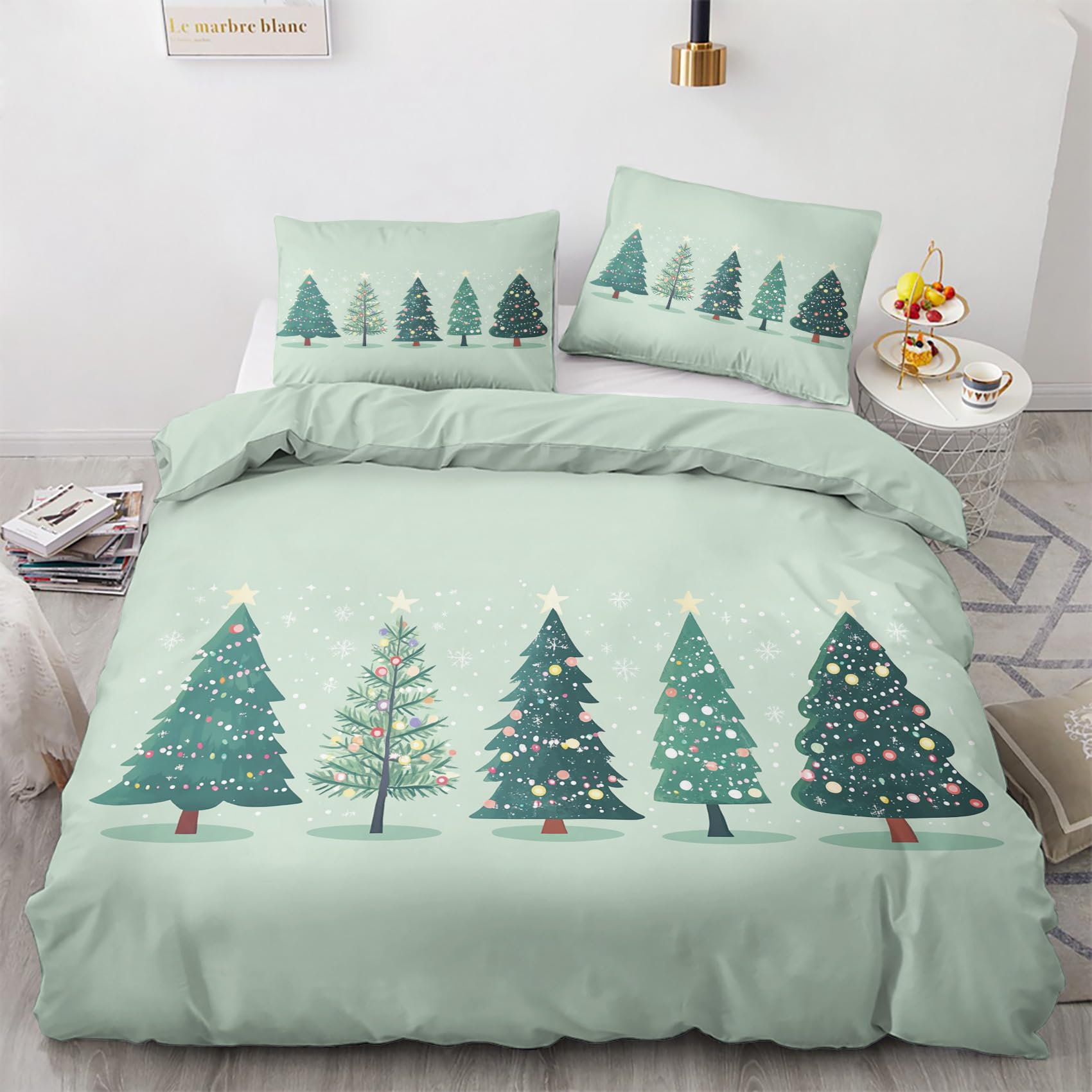 NOGAWA Xmas Tree Single Duvet Cover Set - Sage Green Bedding Single - Reversible Quilt Cover & 1 Pillowcase with Zip and Ties, Ultra Soft and Non Iron Brushed Microfibre Bed Set