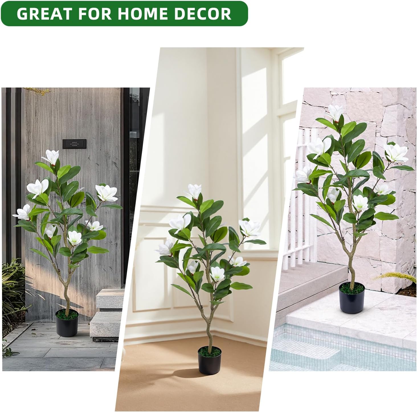 Garvee 2 Pack Artificial Magnolia Tree,3.7 ft Tall Faux Magnolia Plant with Realistic Leaves and Blooms,Potted Fake Floral Tree for Living Room/Office/Porch Decor,White